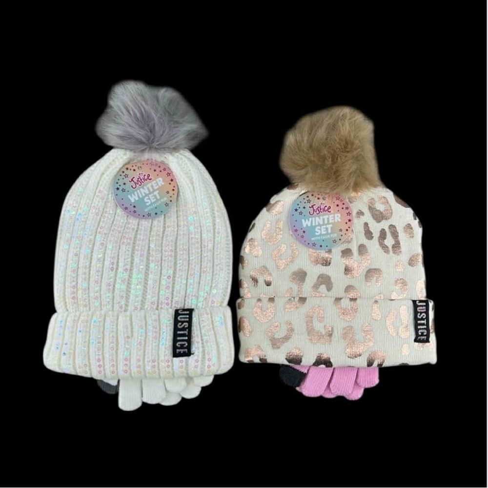 Girls Justice Ribbed & Full Print Winter Cozy Beanie and Gloves 2, 2-Piece Set